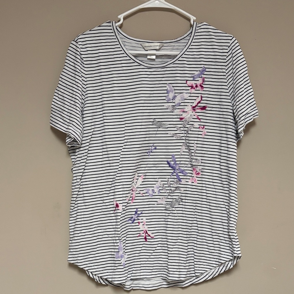 Christopher & Banks Black and White Striped Tee with Floral Design